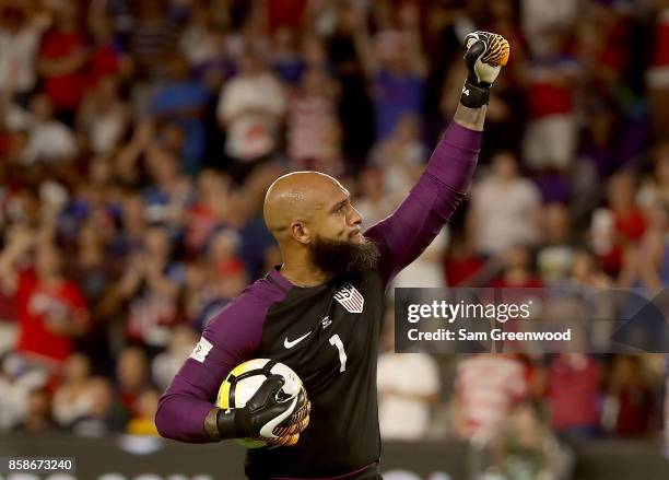 Tim Howard of the United States celebrates following the final round qualifying match against Panama for the 2018 FIFA World Cup at Orlando City...