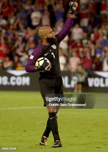 Tim Howard of the United States celebrates following the final round qualifying match against Panama for the 2018 FIFA World Cup at Orlando City...