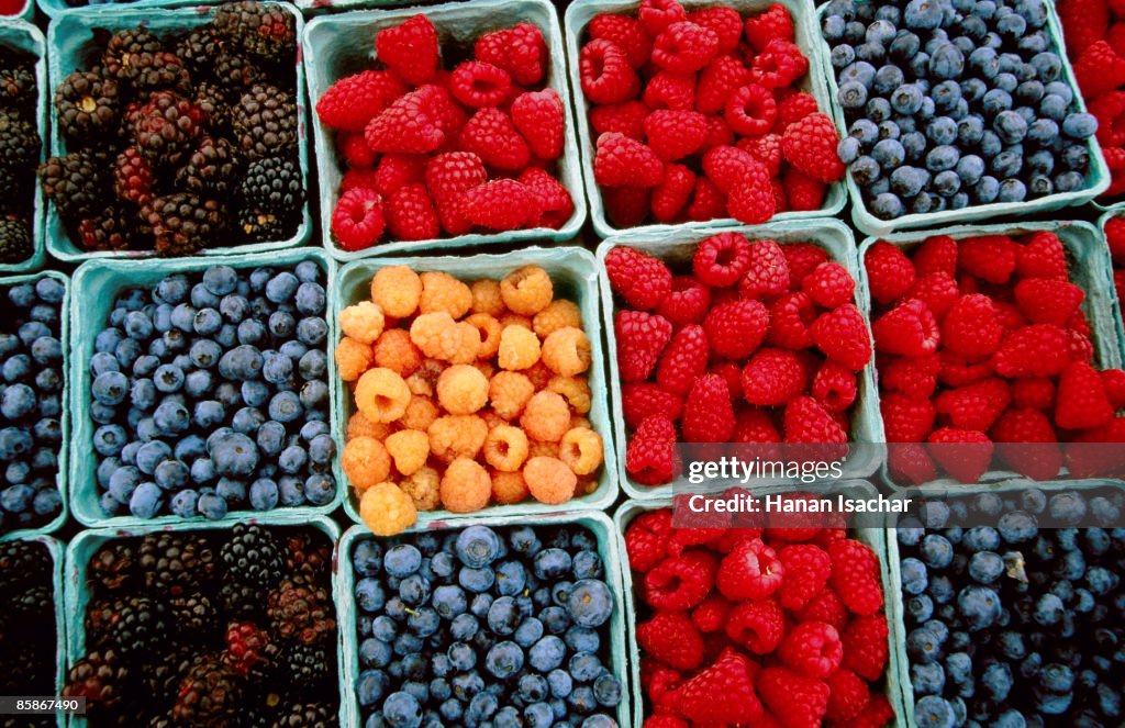 Raspberry, blueberry and blackberry punnets at Farmers Market.