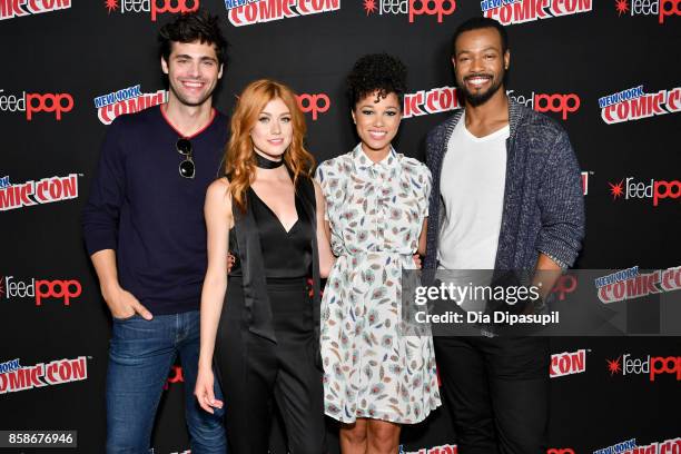 Matt Daddario, Katherine Mcnamara, Alisha Wainwright and Isaiah Mustafa speak at the Freeform "Shadow Hunters" and "Beyond" Photo Call during 2017...