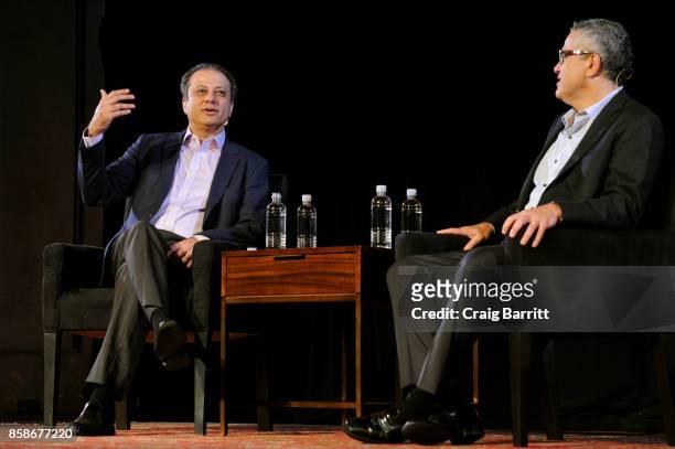 Former US Attorney Preet Bharara and The New Yorker's Jeffrey Toobin speak onstage during Preet Bharara talks with The New Yorkers Jeffrey Toobin at...