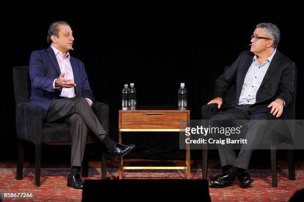 Former US Attorney Preet Bharara and The New Yorker's Jeffrey Toobin speak onstage during Preet Bharara talks with The New Yorkers Jeffrey Toobin at...