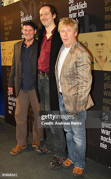 Actor Devid Striesow, director Alexander Adolph and actor Joerg Schuettauf attend the premiere of 'So gluecklich war ich noch nie' at the cinema at...