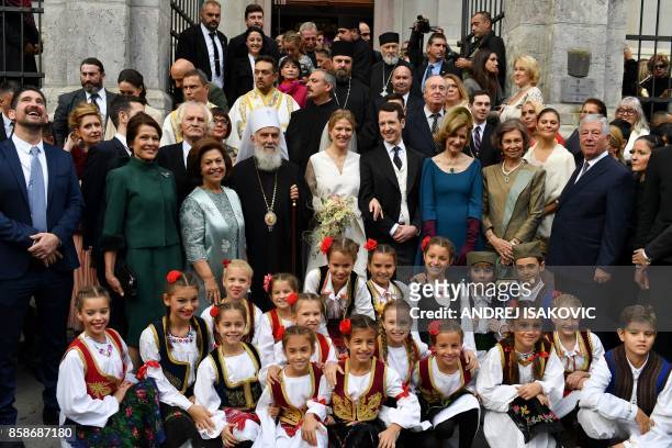 Prince Philip of Serbia, also known as Filip Karadjordjevic , his bride Danica Marinkovic , relatives and guests, including former Queen Sofia of...