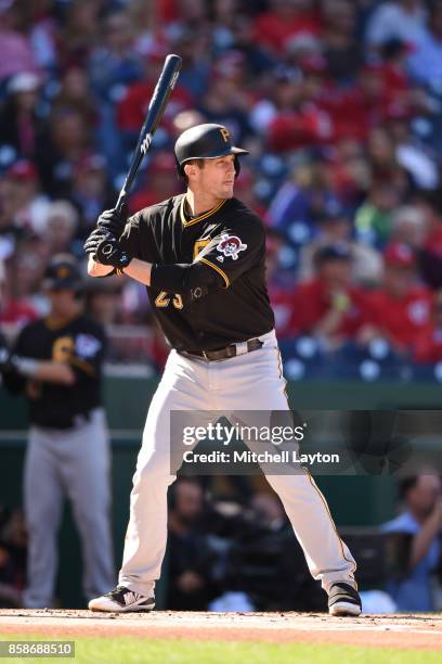 David Freese of the Pittsburgh Pirates prepares for a pitch during a baseball game against the Washington Nationals at Nationals Park on October 1,...