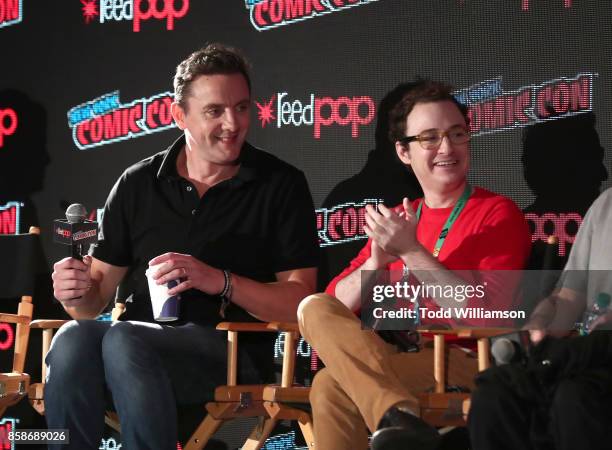 Peter Serafinowicz and Griffin Newman attend Amazon Prime Video's The Tick New York Comic Con 2017 - Panel at The Jacob K. Javits Convention Center...