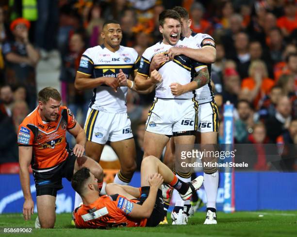 Tom Briscoe of Leeds Rhinos celebrates scoring the first try during the Betfred Super League Grand Final match between Castleford Tigers and Leeds...
