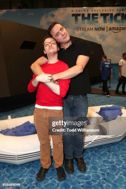 Griffin Newman and Peter Serafinowicz attend Amazon Prime Video's The Tick New York Comic Con 2017 - Panel at The Jacob K. Javits Convention Center...