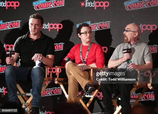 Peter Serafinowicz, Griffin Newman and Jackie Earle Haley attend Amazon Prime Video's The Tick New York Comic Con 2017 - Panel at The Jacob K. Javits...