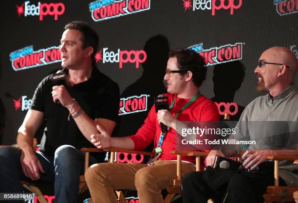 Peter Serafinowicz, Griffin Newman and Jackie Earle Haley attend Amazon Prime Video's The Tick New York Comic Con 2017 - Panel at The Jacob K. Javits...
