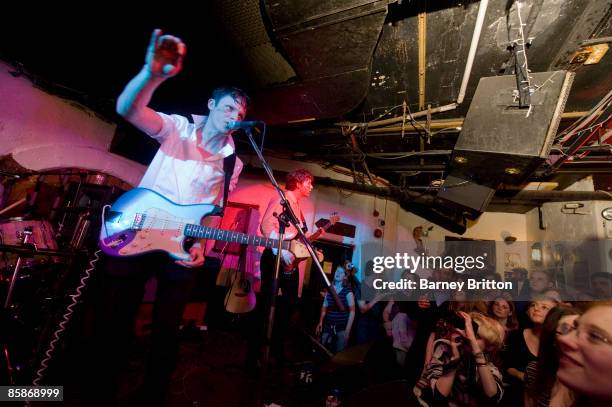 Tom Burke and Lawrence Diamond of Official Secrets Act perform on stage at Borderline on April 8, 2009 in London, England.