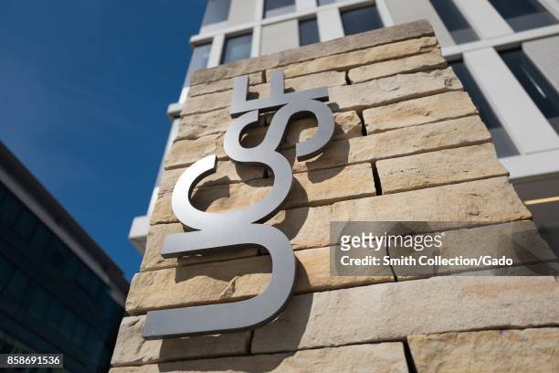 Logo for UCSF on a brick pillar at the Mission Bay campus of the University of California San Francisco medical center in San Francisco, California,...