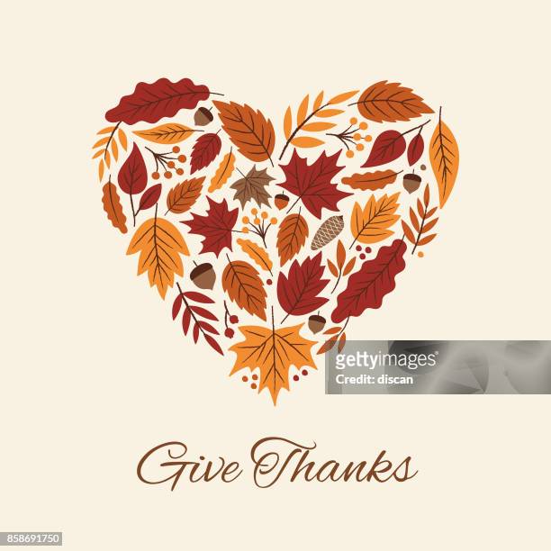 ilustraciones, imágenes clip art, dibujos animados e iconos de stock de tarjeta de acción de gracias con corazón de hojas de otoño. - linda rama