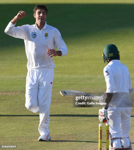 Dwaine Pretorius of the Proteas celebrates the wicket of Shafiul Islam of Bangladesh during day 2 of the 2nd Sunfoil Test match between South Africa...