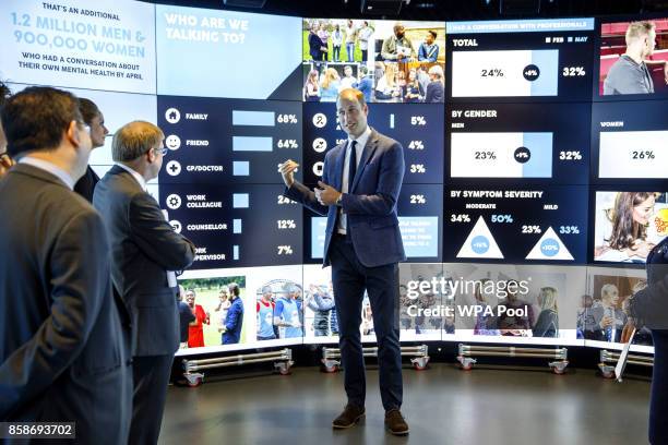 Prince William, Duke of Cambridge listens to a briefing on the progress of the 'Heads Together' campaign and its partners during a visit to the Data...