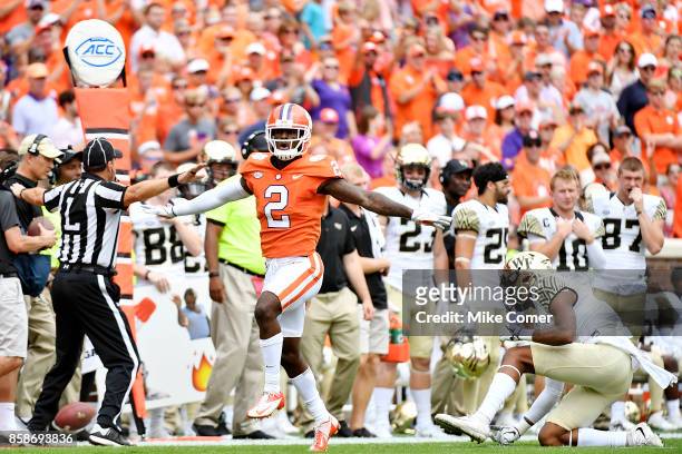 Cornerback Mark Fields of the Clemson Tigers celebrates after breaking up a pass during the Tigers' football game against the Wake Forest Demon...