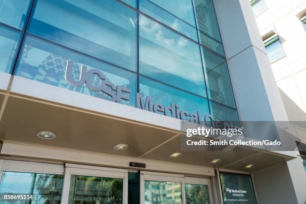 Sign at the entrance to the Mission Bay campus of the University of California San Francisco medical center in San Francisco, California, September...