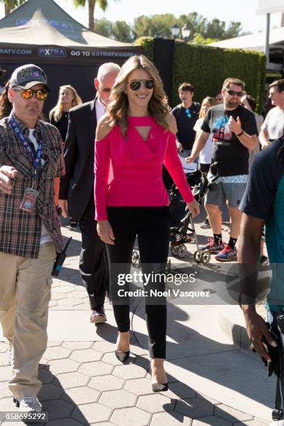 Elizabeth Hurley visits 'Extra' at Universal Studios Hollywood on October 5, 2017 in Universal City, California.