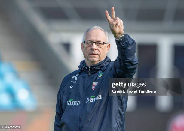 Lars Lagerback of Norway during training before Norway v Northern Ireland at Ullevaal Stadion on October 7, 2017 in Oslo, Norway.