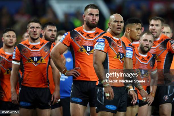 Jake Webster and Mike McMeeken of Castleford Tigers wait for a video referee's decision with their team-mates during the Betfred Super League Grand...
