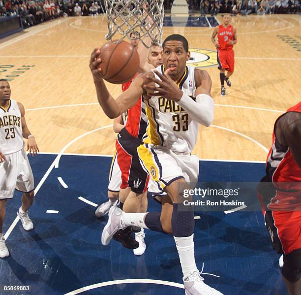 Danny Granger of the Indiana Pacers goes u p for a layup against the Toronto Raptors at Conseco Fieldhouse on April 8, 2009 in Indianapolis, Indiana....