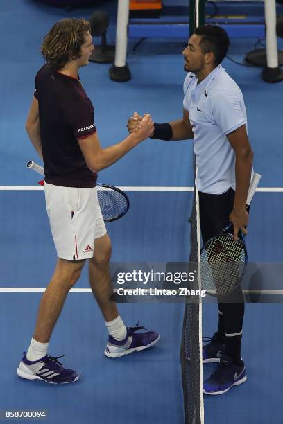 Nick Kyrgios of Australia is congratulated by Alexander Zverev of Germany after winning the Men's singles Semifinals on day eight of 2017 China Open...