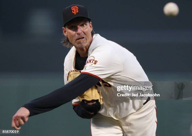 Randy Johnson of the San Francisco Giants pitches against the Milwaukee Brewers during a Major League Baseball game on April 8, 2009 at AT&T Park in...