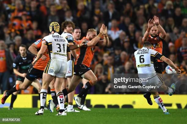 Danny McGuire of Leeds Rhinos scores a drop goal during the Betfred Super League Grand Final match between Castleford Tigers and Leeds Rhinos at Old...