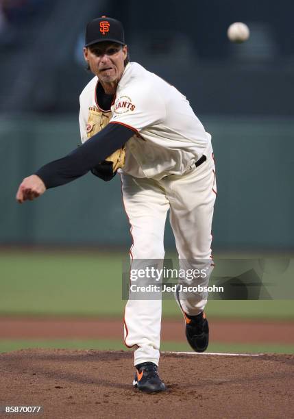 Randy Johnson of the San Francisco Giants pitches against the Milwaukee Brewers during a Major League Baseball game on April 8, 2009 at AT&T Park in...