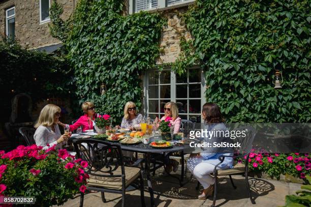 kvinnliga vänner samlas för lunch - afternoon tea party bildbanksfoton och bilder