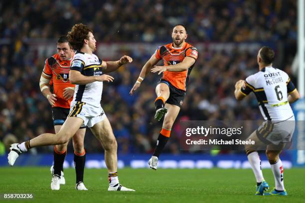 Luke Gale of Castleford Tigers kicks a high ball during the Betfred Super League Grand Final match between Castleford Tigers and Leeds Rhinos at Old...