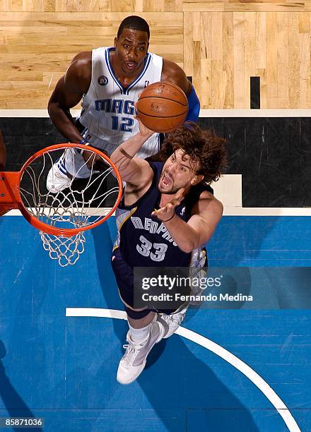 Marc Gasol of the Memphis Grizzlies shoots against the Orlando Magic during the game on April 8, 2009 at Amway Arena in Orlando, Florida. NOTE TO...