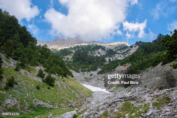 glacier and snwofiled, mytikas peak, mount olympus, greece, europe - macedonië land stockfoto's en -beelden