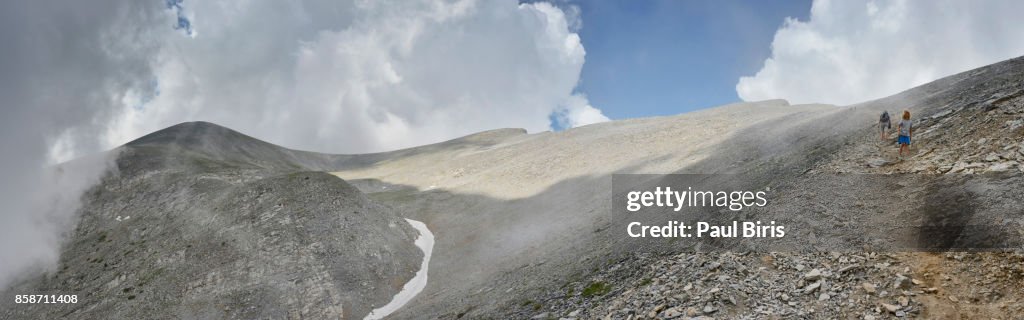 Trekkers walking towards summit of Mt Olympus,  Greece
