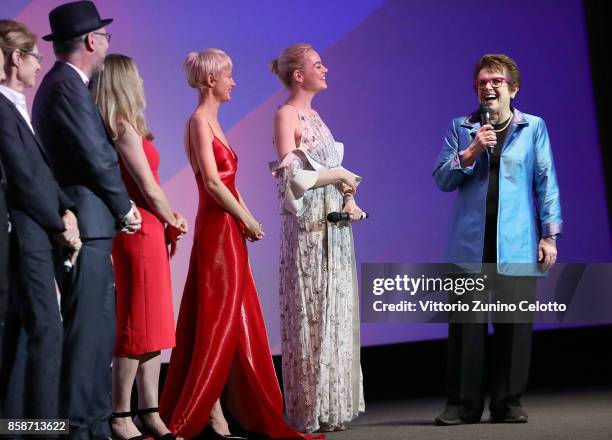 Valerie Faris, Jonathan Dayton, Elisabeth Shue, Andrea Riseborough, Emma Stone and Billie Jean King on stage at the American Express Gala & European...