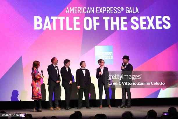 Clare Stewart, Danny Boyle, Christian Colson, Simon Beaufoy, Valerie Faris and Jonathan Dayton on stage at the American Express Gala & European...
