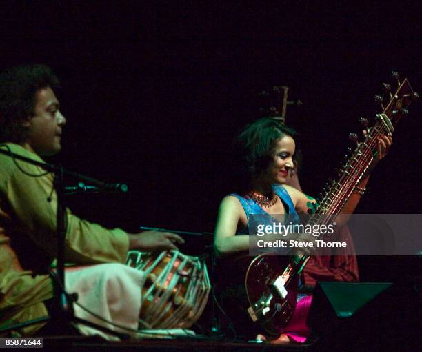 Tabla player Tanmoy Bose and sitar player Anoushka Shankar playing live at Birmingham Town Hall, Birmingham, UK on May 30 2008