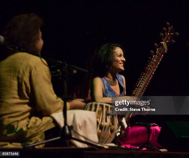 Tabla player Tanmoy Bose and sitar player Anoushka Shankar playing live at Birmingham Town Hall, Birmingham, UK on May 30 2008