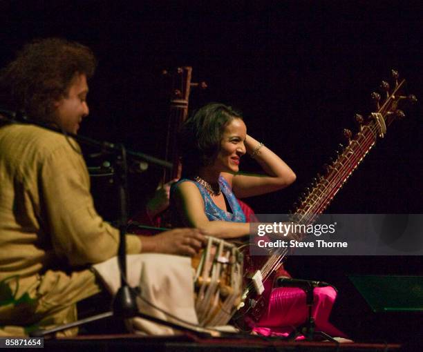 Tabla player Tanmoy Bose and sitar player Anoushka Shankar playing live at Birmingham Town Hall, Birmingham, UK on May 30 2008