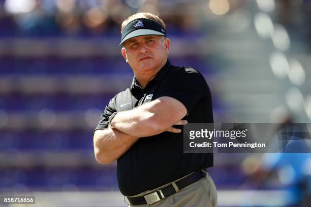 Head coach Gary Patterson of the TCU Horned Frogs looks on as the TCU Horned Frogs prepare to take on the West Virginia Mountaineers at Amon G....