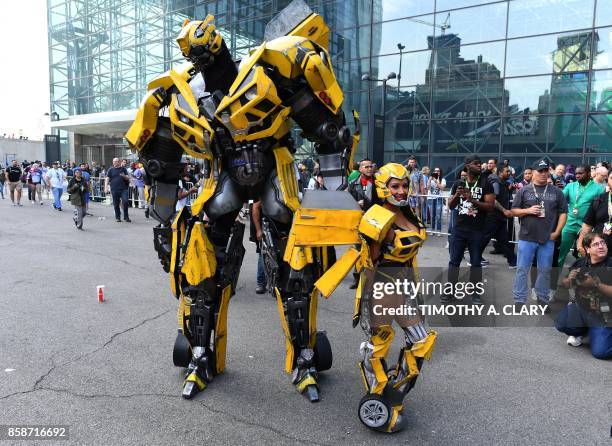 Comic character Bumblebee from the Transformers franchise arrives for the 3rd day of the 2017 New York Comic Con at the Jacob Javits Center on...