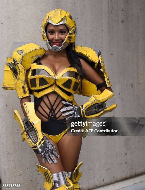 Comic character Bumblebee from the Transformers franchise arrives for the 3rd day of the 2017 New York Comic Con at the Jacob Javits Center on...