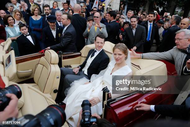 Prince Philip of Serbia and Danica Marinkovic during their church wedding at The Cathedral Church of St. Michael the Archangel on October 7, 2017 in...