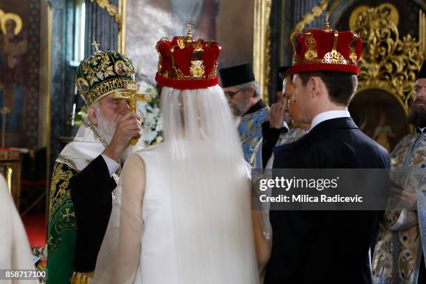 Patriarch Irinej Prince Philip of Serbia and Danica Marinkovic during their church wedding at The Cathedral Church of St. Michael the Archangel on...