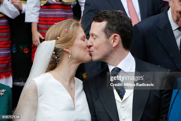 Prince Philip of Serbia and Danica Marinkovic during their church wedding at The Cathedral Church of St. Michael the Archangel on October 7, 2017 in...