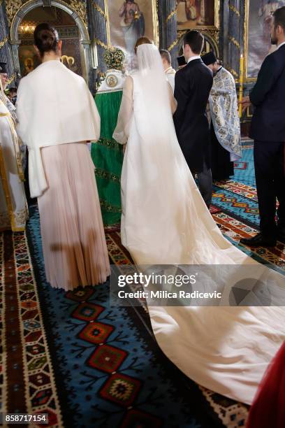 Prince Philip of Serbia and Danica Marinkovic during their church wedding at The Cathedral Church of St. Michael the Archangel on October 7, 2017 in...