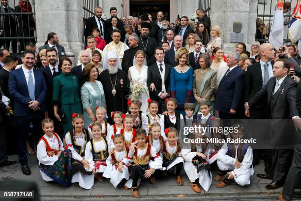 Prince Philip of Serbia and Danica Marinkovic during their church wedding at The Cathedral Church of St. Michael the Archangel on October 7, 2017 in...