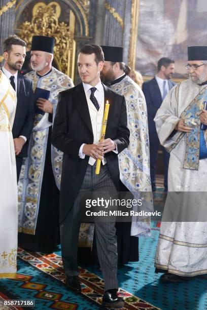 Prince Philip Of Serbia during his church wedding at The Cathedral Church of St. Michael the Archangel on October 7, 2017 in Belgrade, Serbia.