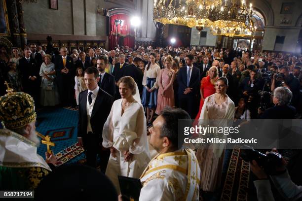Prince Philip of Serbia and Danica Marinkovic during their church wedding at The Cathedral Church of St. Michael the Archangel on October 7, 2017 in...