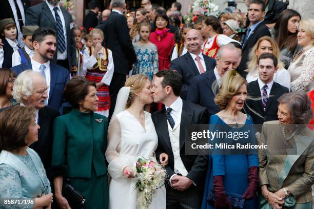 Prince Philip of Serbia and Danica Marinkovic during their church wedding at The Cathedral Church of St. Michael the Archangel on October 7, 2017 in...